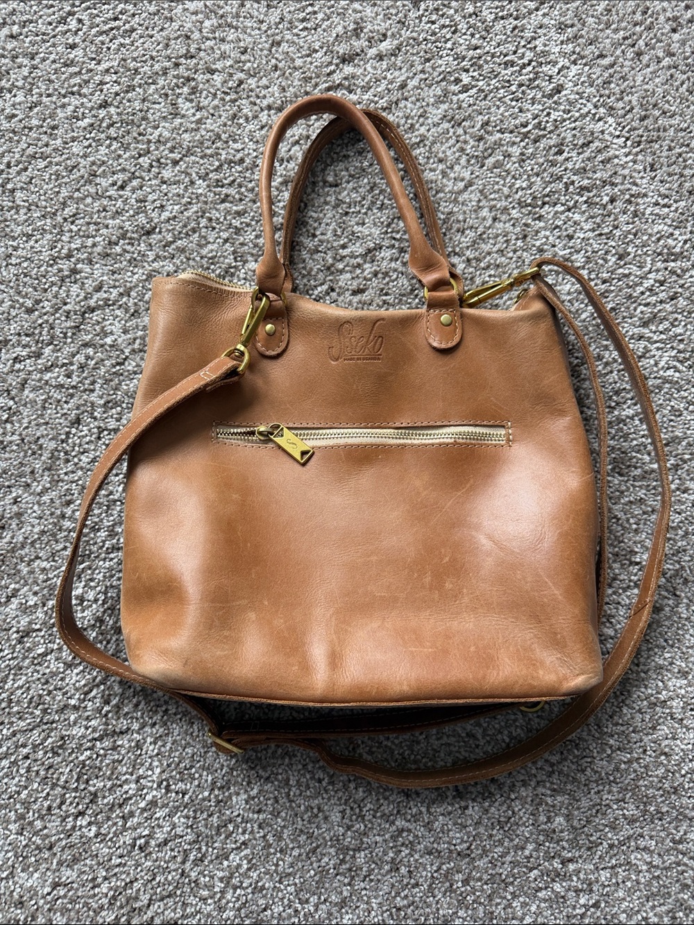Sseko Leather Tote Bag in Cognac Brown - Convertible - hand, shoulder, backpack